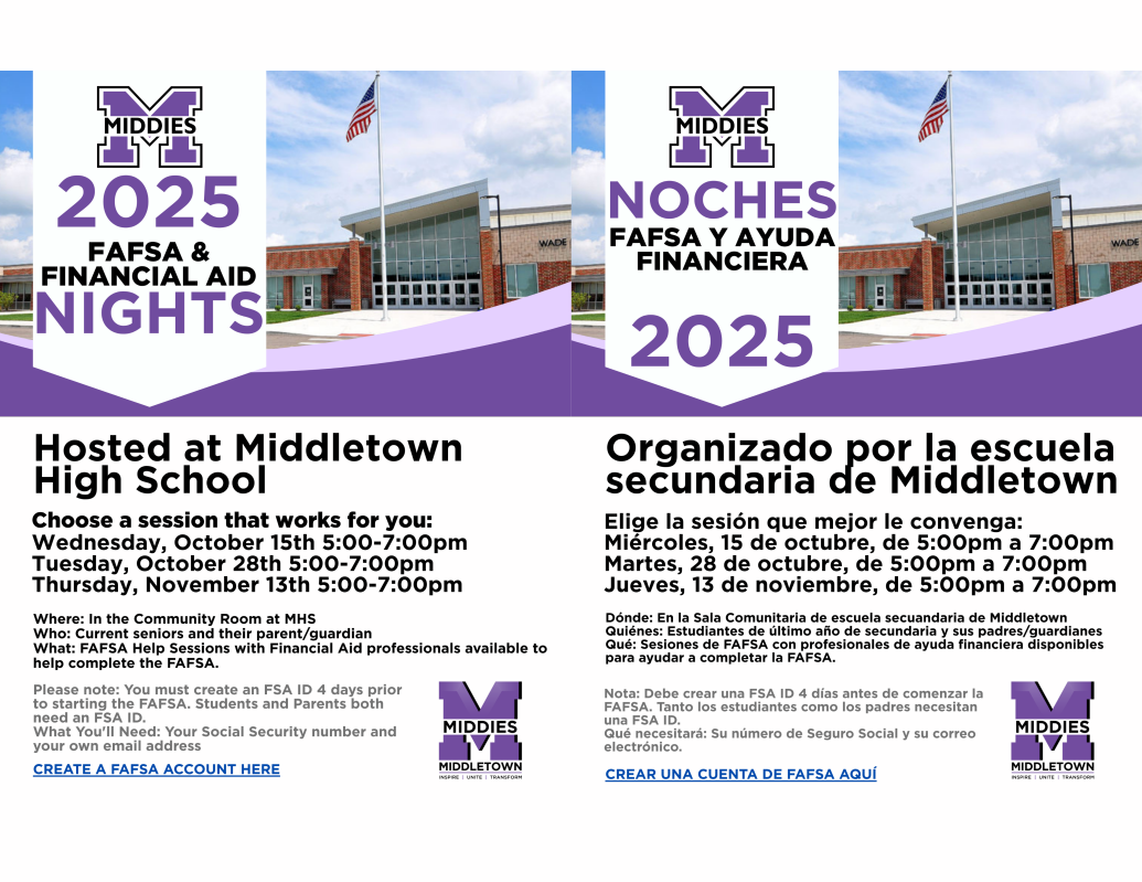 Image with informational text about FAFSA and Financial Aid Sessions in English and Spanish